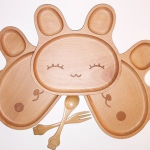NEW Wooden Plate Set (1 plate,  matching utensils)